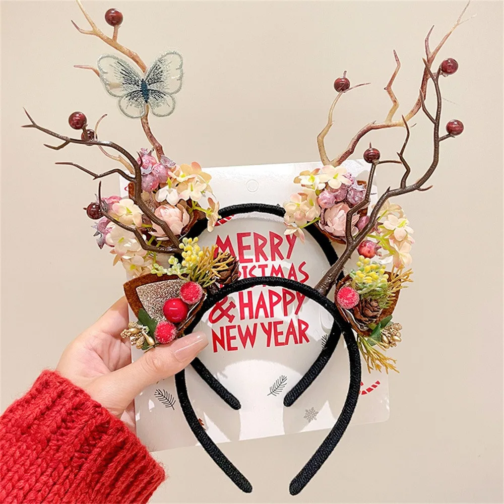 Christmas Antler Headband Fairy Flower Berry Tree Branch Cosplay Hairband Festival Party Props Christmas Headband Decoration