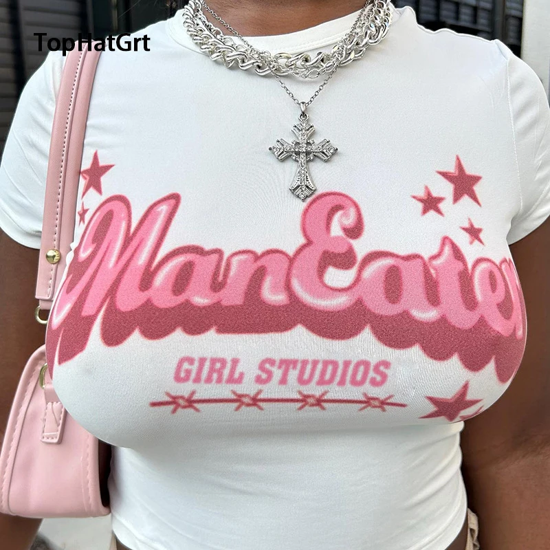 

Модные топы в европейском и американском стиле с принтом и короткими рукавами, Новинка лета 2024, универсальная облегающая футболка с открытым пупком