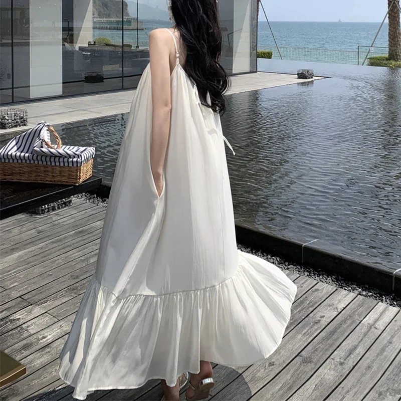 

Oversize Lace Up Backless Midi Beach Dresses French Elegant 2024 New Fashion Strappy Clothing Long Loose Gentle Dress for Women