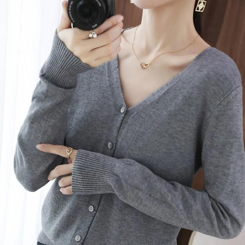 

Fall/winter V-neck knit cardigan womens solid color long sleeve loose plus size sweater coat Joker bottoming coat