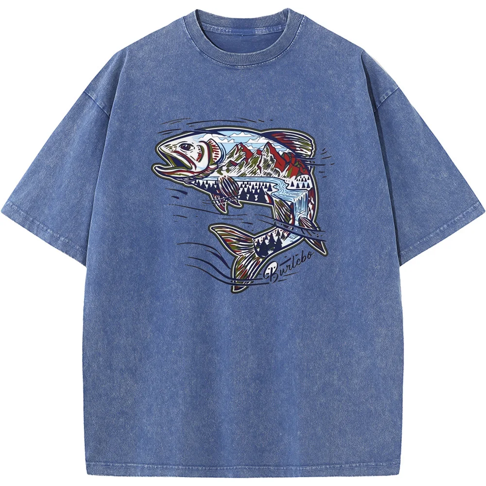 

Mountain Sea and Fish Unisex Short-Sleeved Washed T-Shirt Novelty 230g Summer Bleached Tshirt Funny Design Tops Tee