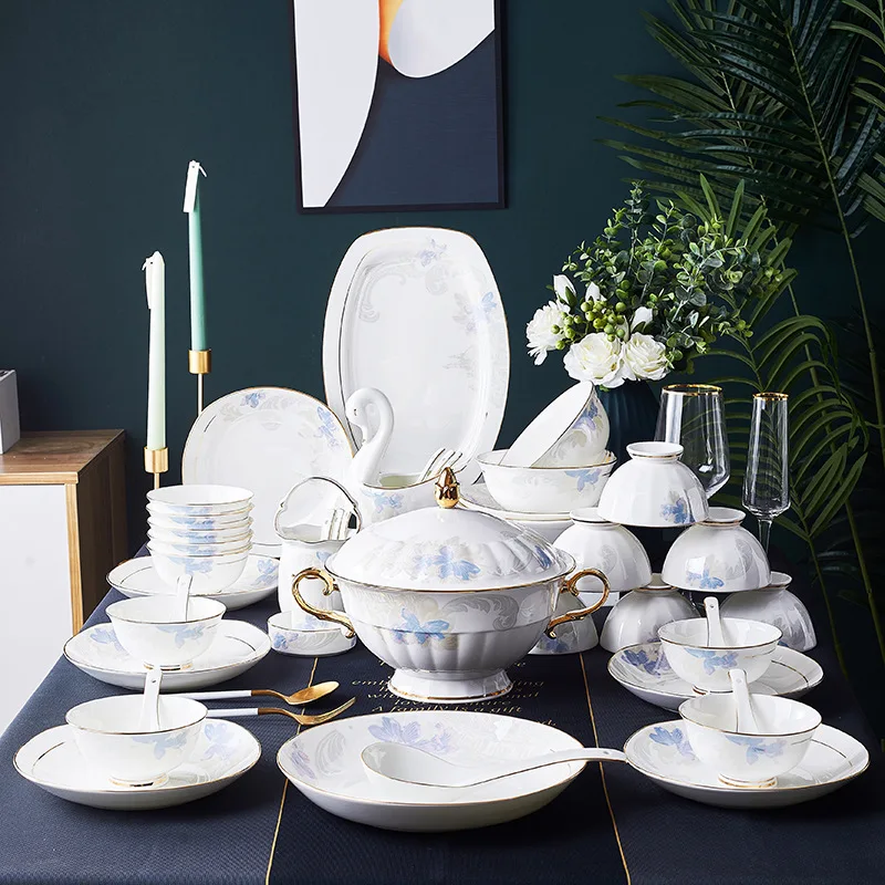 

68 Pieces Europe Luxury Bone China Tableware Sets Rice Bowl Sushi Dishes Food Plates Chopsticks Dinner Set Utensils For Kitchen