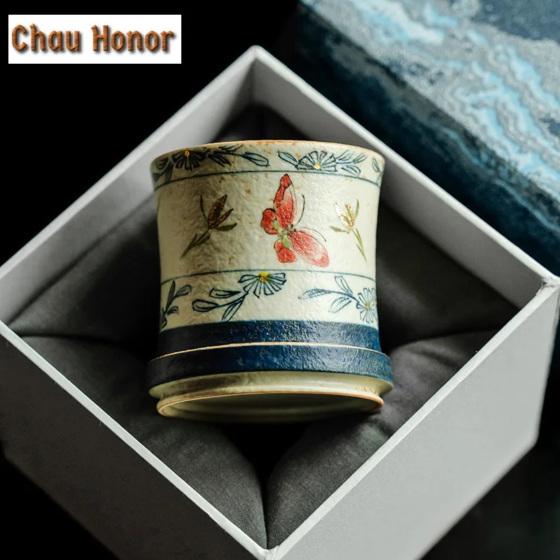 80ml Blue And White Flint Red Rotating Cup Handmade Gold Drawing Butterfly Orchid Master Cup Personal Coffee Mug Beautiful Cups