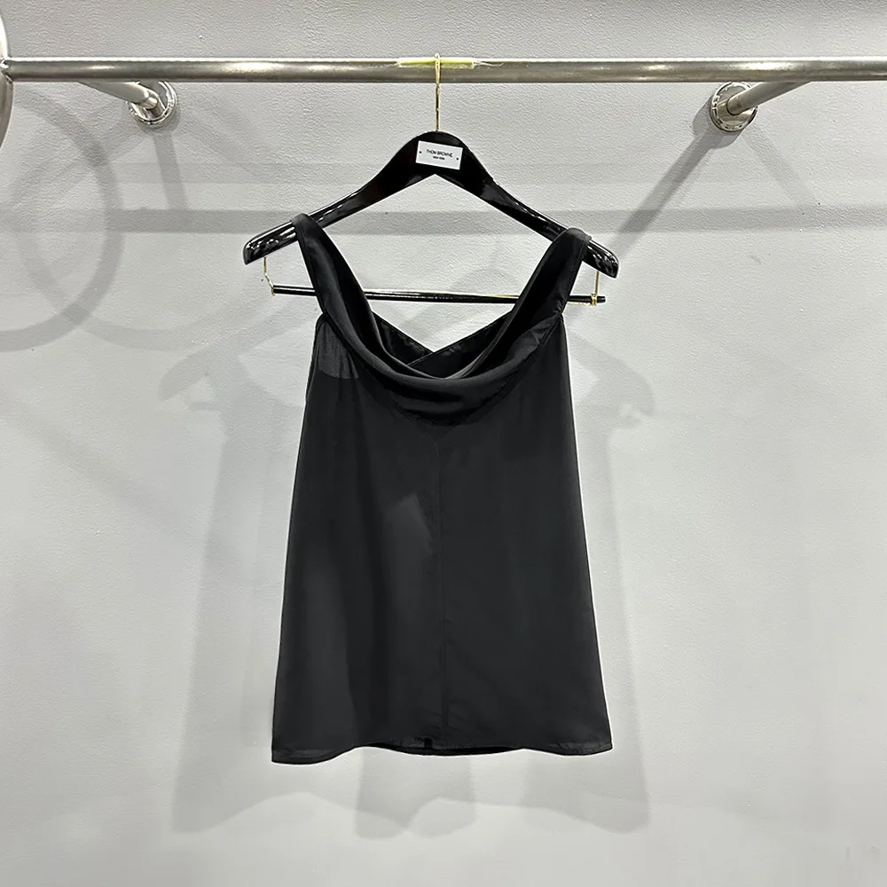 

High Street Women Clothing Rick Summer Women Camisole Tank Top Irregular Silk Suspenders Black Sleeveless Top