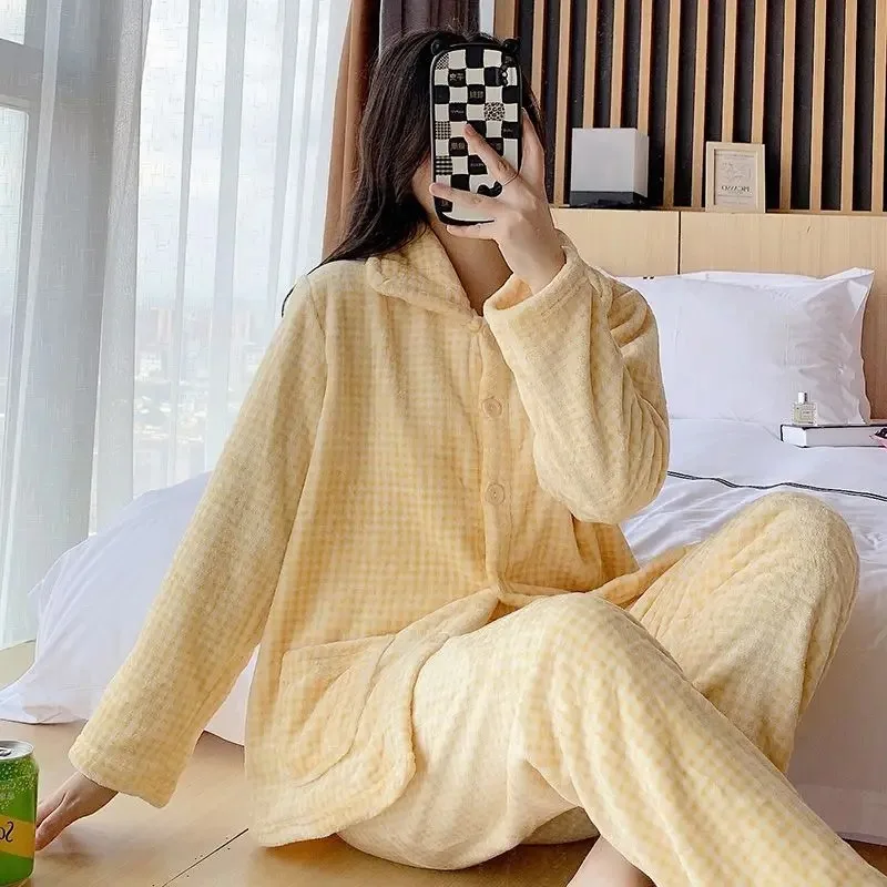 2024 New Autumn Winter Thick Coral Fleece Pajamas Women's Set Loungewear Plus-plus-size Cute Flannel Long-sleeved Sleepwear