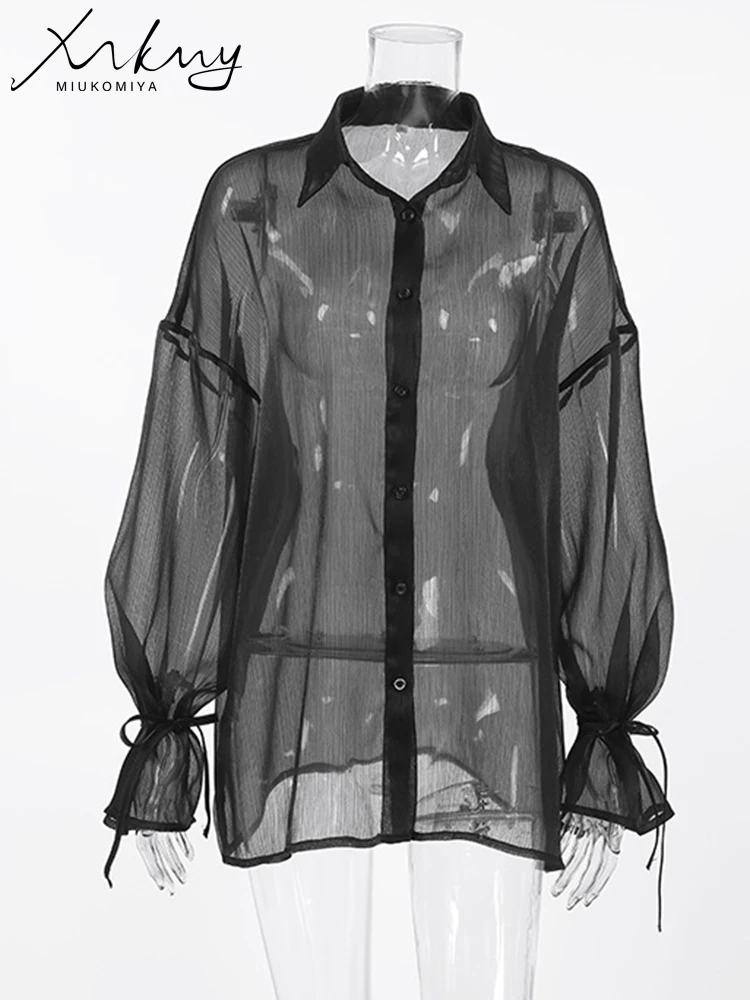Black See Through Shirt Women Loose Lantern Sleeve Blouse