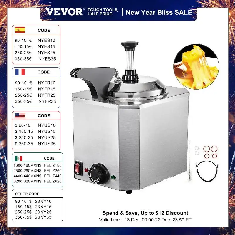 VEVOR 2.6Qt Nacho Cheese Dispenser w/Heated Pump Hot Fudge Caramel Warmer  Stainless