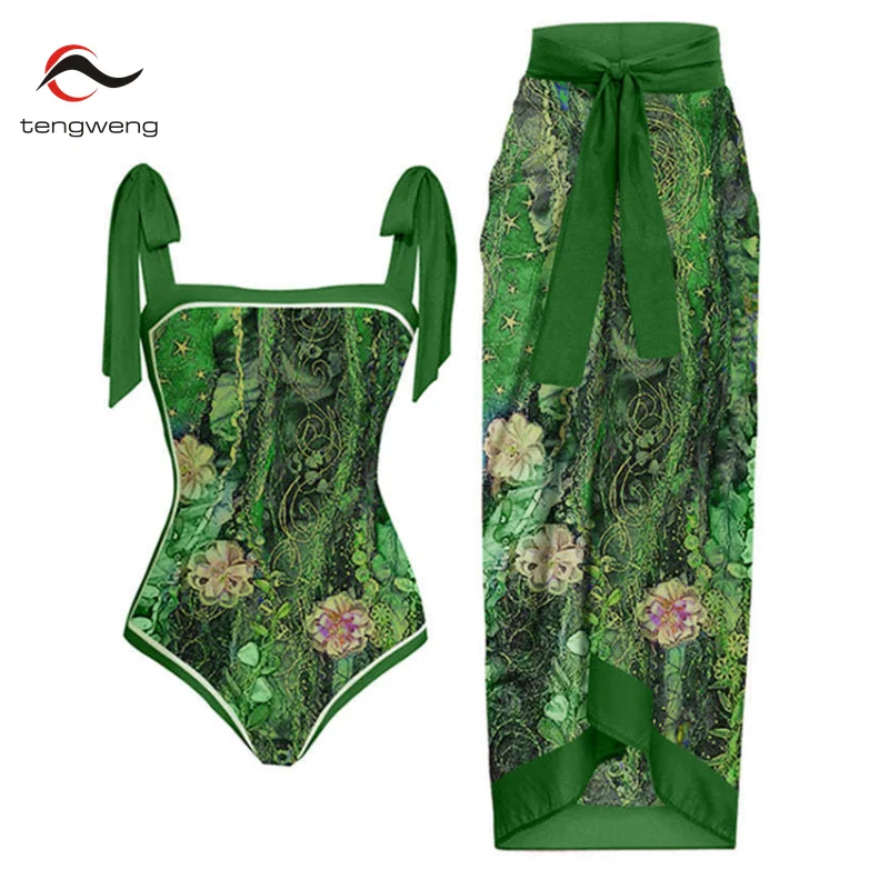 

Tengweng Women Sexy Swimwear With Cover-up Retro Floral Print Brazilian Luxury One-piece Bikini Swimsuit Backless Bathing Suit