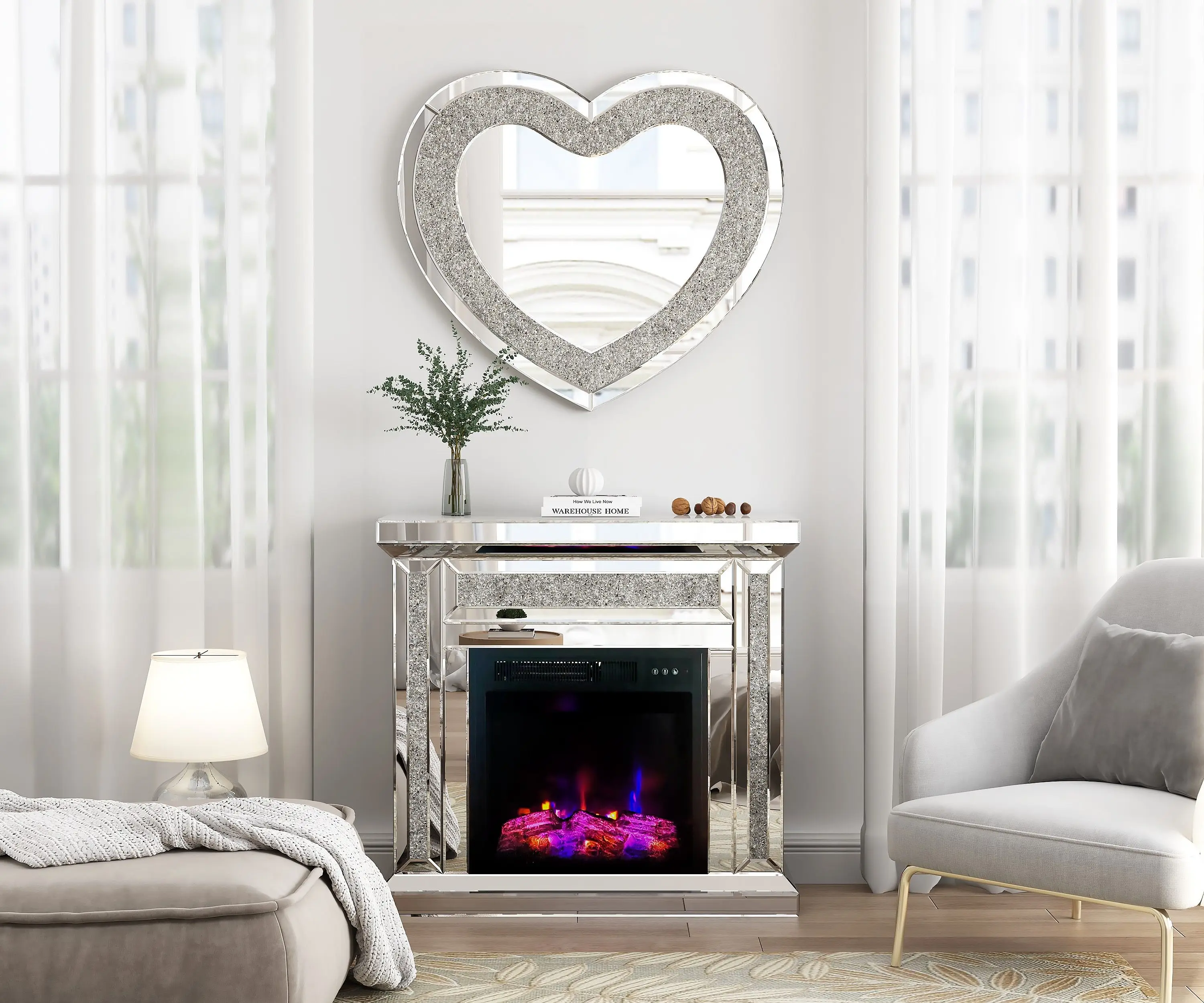 SHYFOY 31.5'' Electric Fireplace with Crushed Diamond Silver Mirror Frame 6