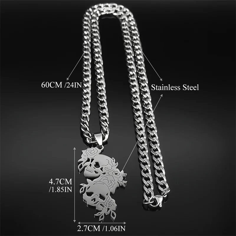 Halloween Schädel Rose Blume Halskette für Frauen Männer Edelstahl Silber Farbe Gothic Skelett Männliche Kette Schmuck NZZZ703SRS06 – Detail 3
