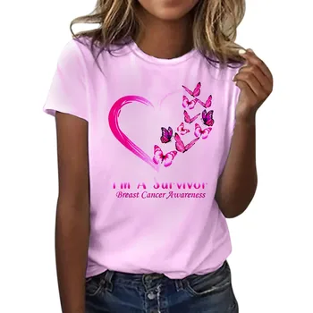 Breast Cancer Awareness T-shirt Women Pink October Short Sleeves Tees Tops Crew Neck Butterfly Heart Graphic T Shirts 1