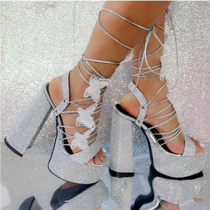 Sandalias de plataforma con decoración de mariposas y cristales plateados mujer, de grueso con ostentosos, para vestido de verano, para fiesta|Sandalias de mujer| - AliExpress