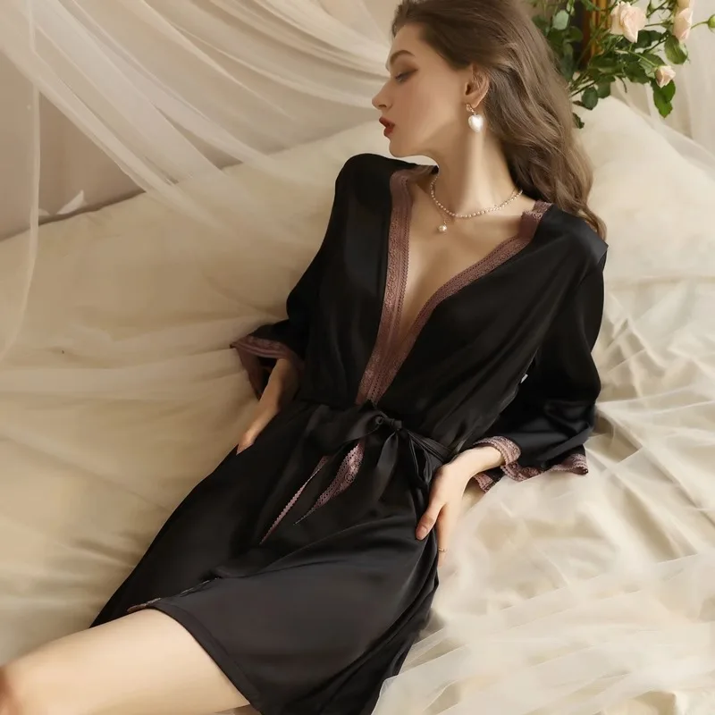 Nightdress SolidColor ThinSexy Fashion Casual Lace Stitching Silk Two-Piece Women's Summer Cardigan Coat Morning Sling Home Wear