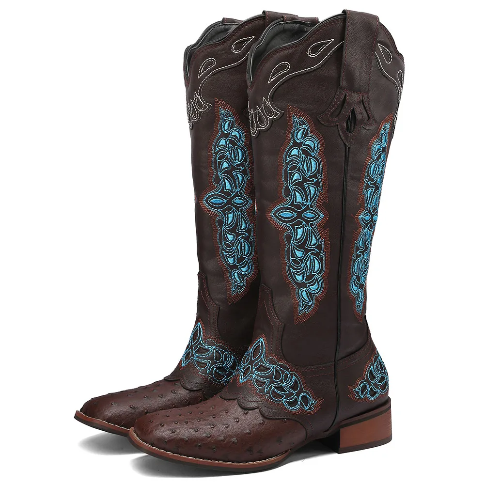 AOSPHIRAYLIAN Western Cowboy Patchwork Sewing Floral Boots For Women 2023 Knee High Retro Cowgirl Riding Women's Shoes Boots