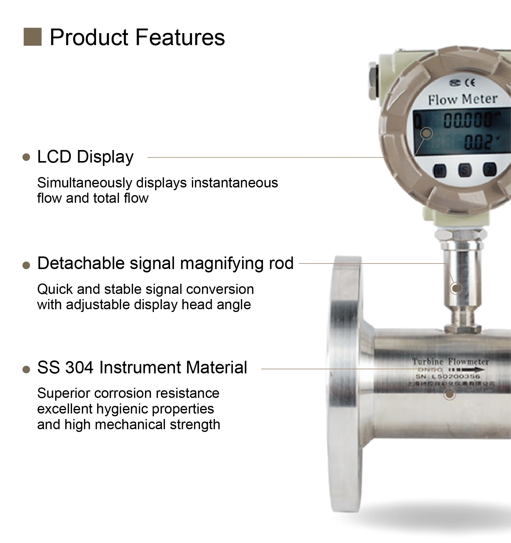 Stainless Steel Turbine Flow Meter RS485 4-20mA Pulse Output Threaded Digital Fl