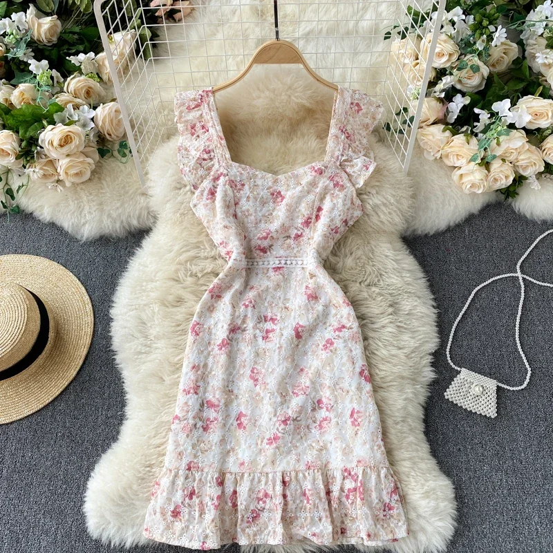 

French Dress 2021 Summer Women Sweet Dress Sleeveless Ruffles Printed Hollow Out Above Knee Square Neck Mini Ladies Dress