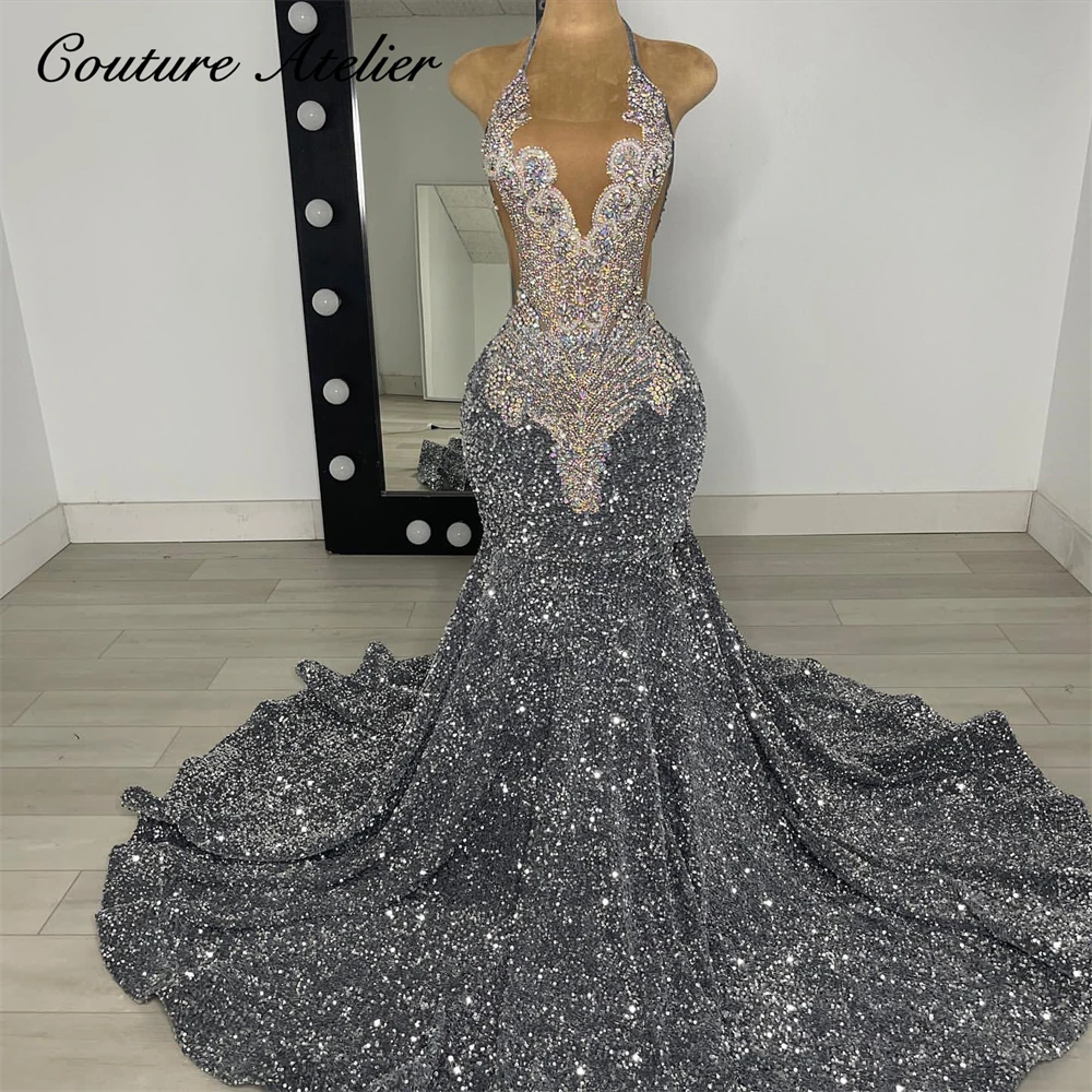 

Sliver Crystal Beading Grey Halter Sequin Prom Dresses Black Girl Mermaid Dresses For Party Wedding Evening Gala Dress Elegant
