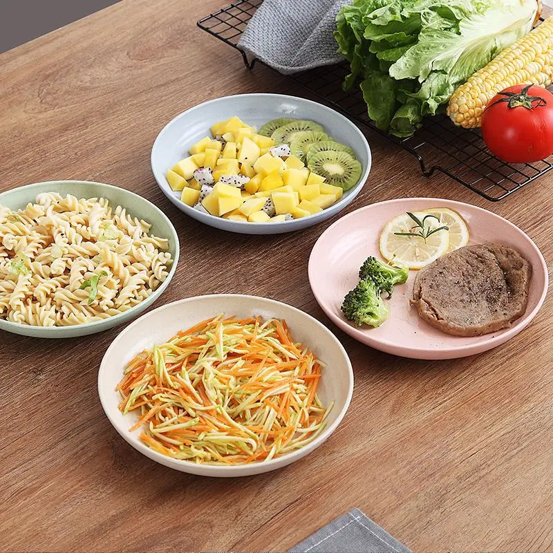 Set(8pcs) Nordic Color 23CM Large Round Plate Home Shatter Resistant Wheat Straw Plate Microwave Oven Tableware