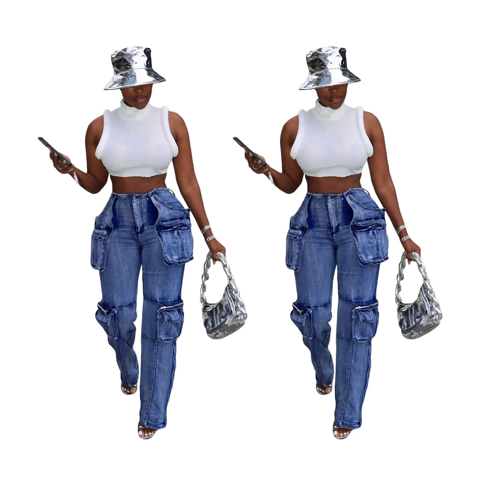 Washed Women Denim Cargo Pants with Pockets High Waist Zipper Fly Straight Jeans 2024 Spring New Chic Streetwear Bottoms Outfits india punk vintage low rise flared jeans with pockets goth streetwear full length blue woman jeans y2k retro chic pants fall