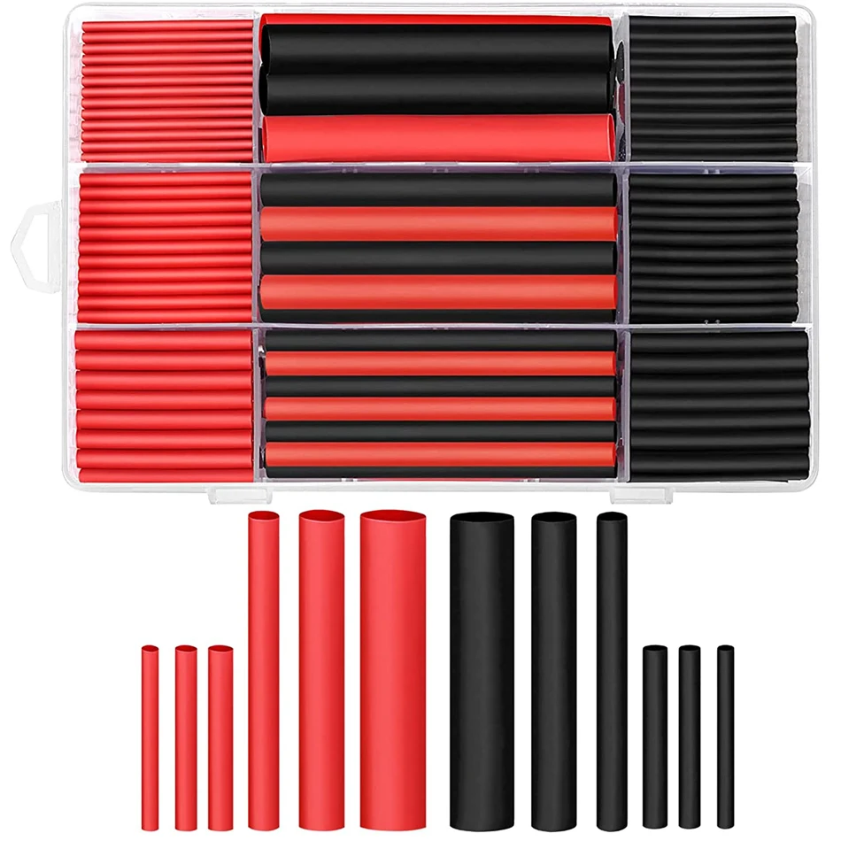 270Pcs 3:1 Shrink Dual Wall Adhesive Lined Heat Shrink Tubing Tube 6 Size 3/8",1/4",3/16",1/8",3/32",1/16" Black Red