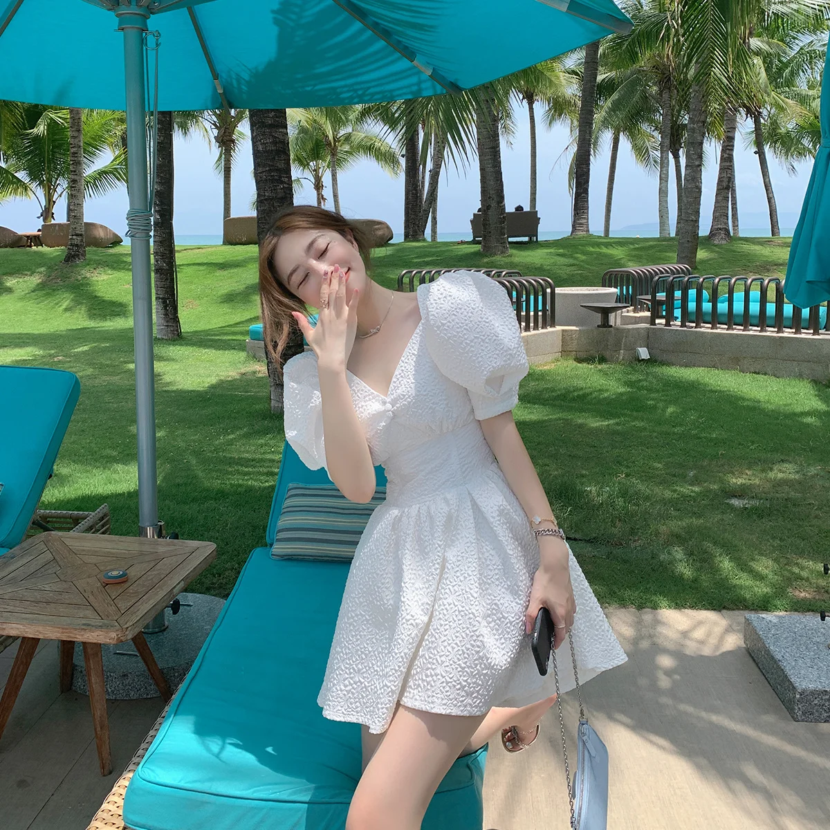 

Женское платье с пышными рукавами, белое платье с V-образным вырезом, пышной талией и открытой спиной, французское платье принцессы на лето