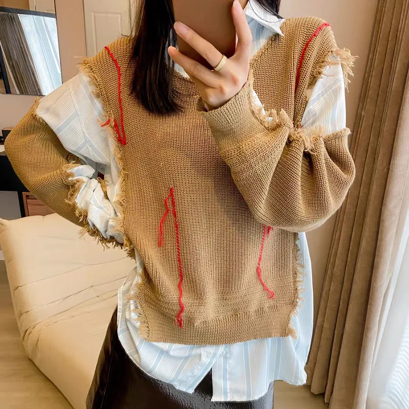

Patchwork Striped Sweater For Women Long Sleeve Loose Colorblock Designer Casual Sweaters Female Clothing Oversized Sweater