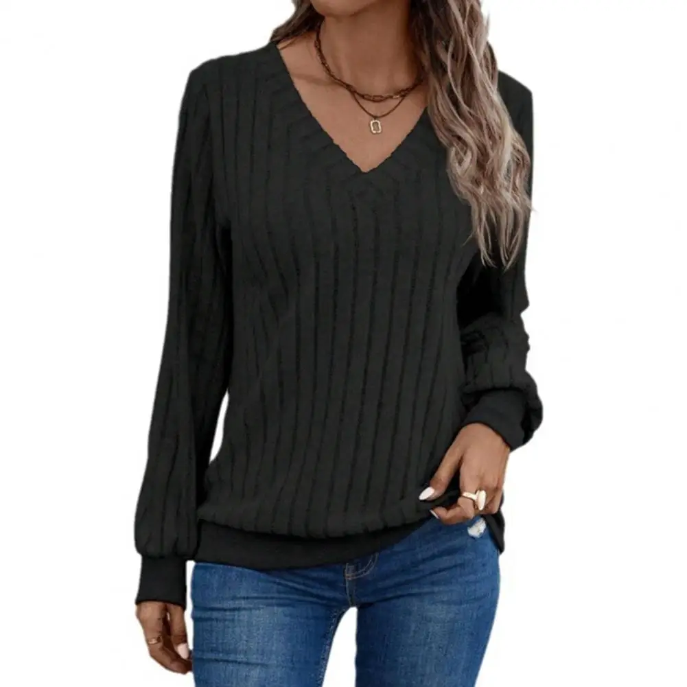 

Breathable Long-sleeved Top Strip T-shirt Cozy Women's V Neck Pullover Soft Warm Thread Loose Fit Mid Length Fall/winter Casual