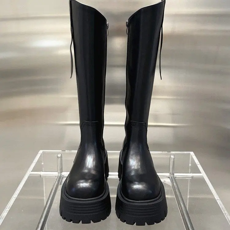 

Женские сапоги выше колена с круглым носком, зимняя обувь на молнии, выше колена, на резиновой подошве, Осень-зима 2023, в стиле "Лолита", на высоком каблуке, женская кожаная обувь