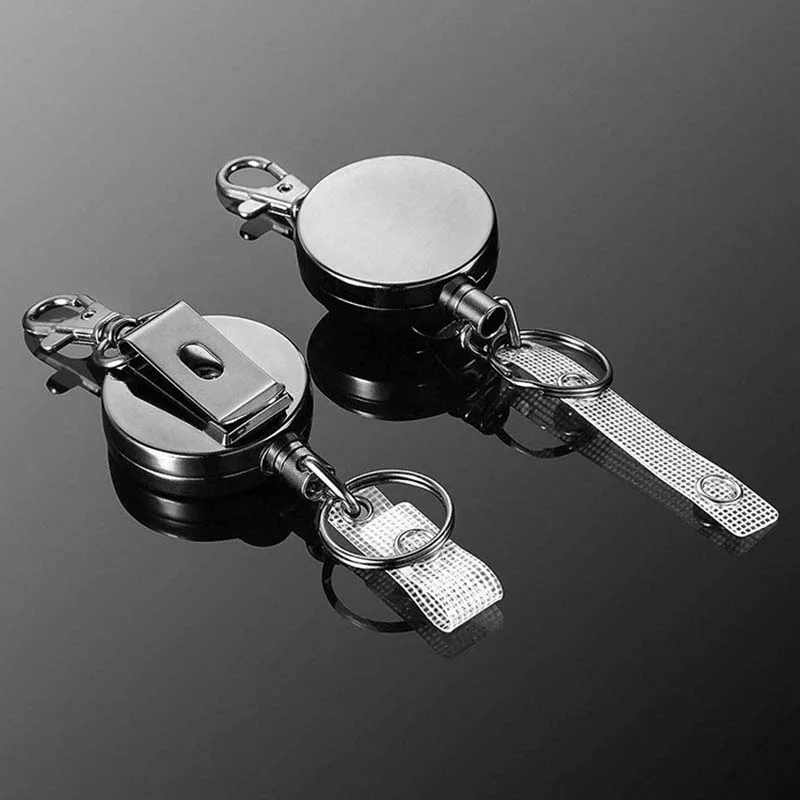 1pc Retractable Keyring Strong Heavy Duty Key Chain Steel Belt Clips Extending Steel Lanyard Reel Cool Fashion Black Key Ring 4