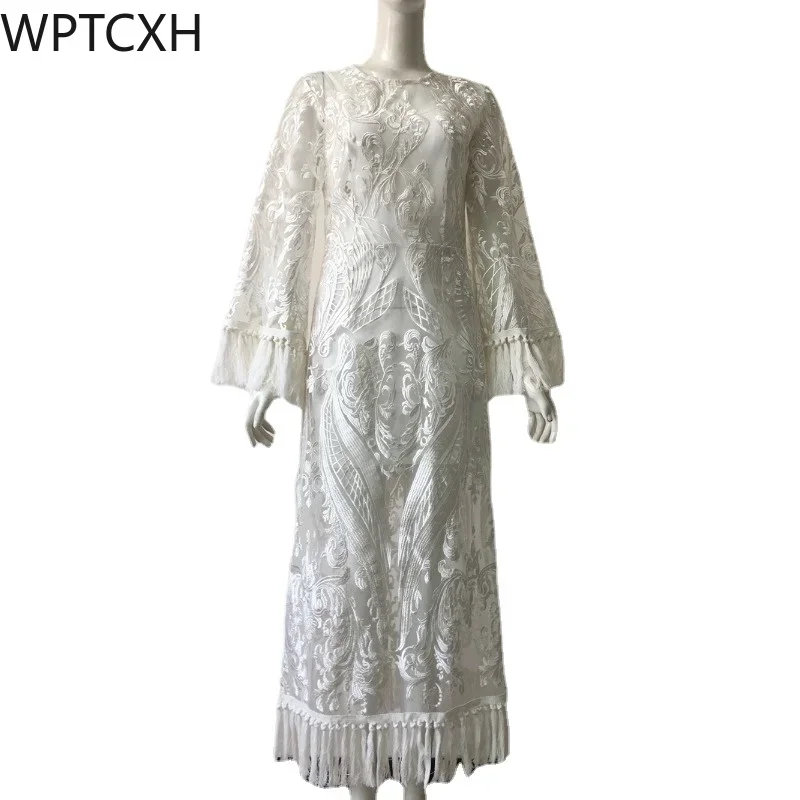 

2024 New High Quality Dress Underneath Elegant Banquet Party Evening Lace Embroidery Fringe Sleeve Dress pretty lady dress