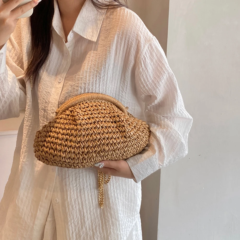 Women Straw Crossbody Bag Clutch Purse Chain Straw Shoulder Bags Handbag Dumpling Pouch Rattan Boho Summer Beach Woven Bag