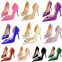 Women Fashion Wedding Party Designer Pink Purple Rose Red Pumps Lady Fetish 10.5cm High Heels Crystal Buckle Satin Evening Shoes 1