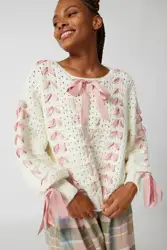 Women's Oversized Fit Crew Necklne Sweater Chunky Knit Pullover Sweater Contrasting Ribbons Bows Jumpers Aesthetic Streetwear
