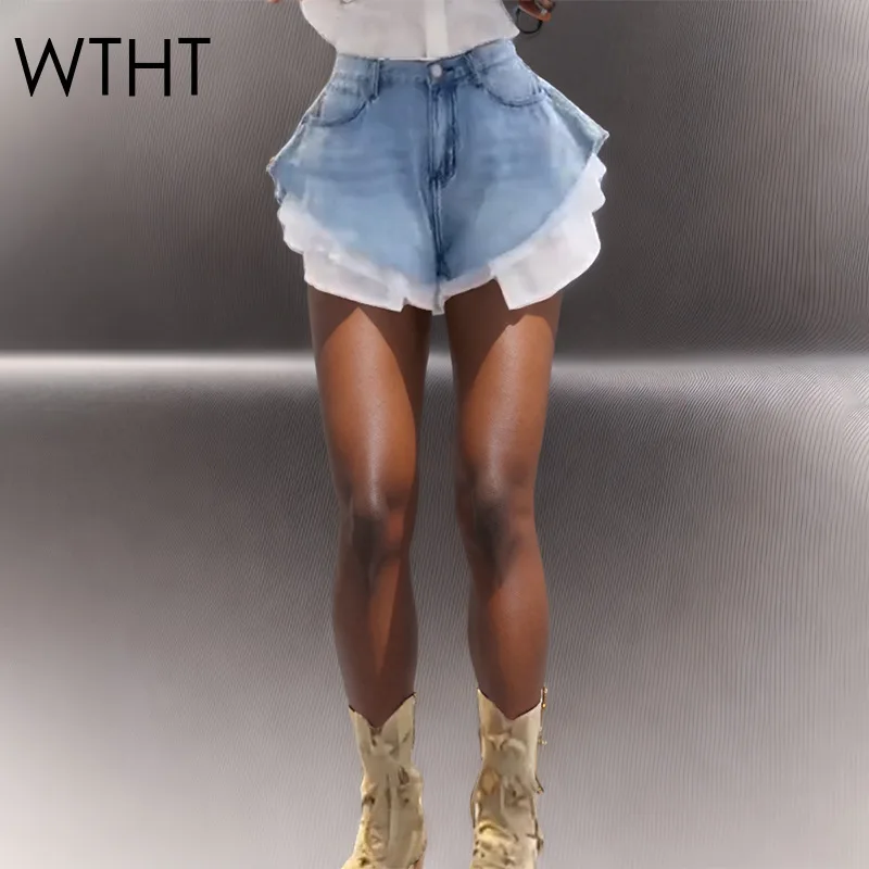 WTHT New Fashion Women's Patchwork Hem Wash Denim Shorts 2025 Summer Trendy High Waist A-line Short Pants Female 1LS1393 1