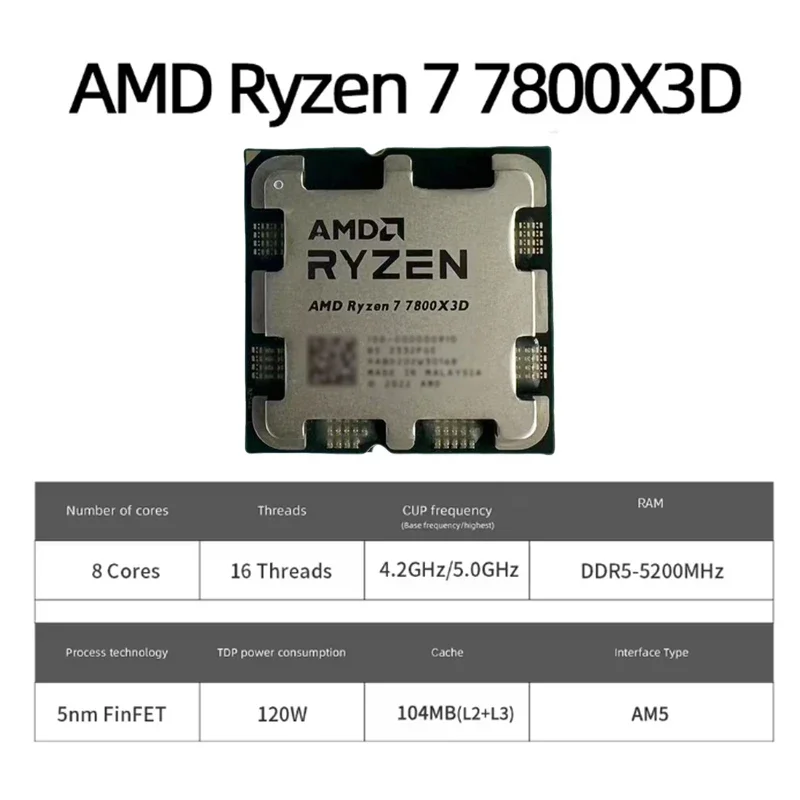 새로운 R7 7800X3D AMD AM5 트레이 CPU 8코어 16스레드 5.0GHz 96MB 캐시 5nm 게이밍 데스크탑 프로세서 (쿨러 미포함)