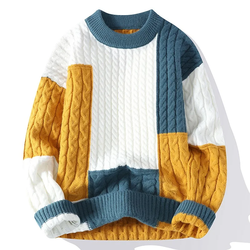 

#4375 Autumn Winter Sweater Men Round Neck Thick Warm Knitted Pullover Men Slim Streetwear Knit Sweater Spliced Color M-4XL