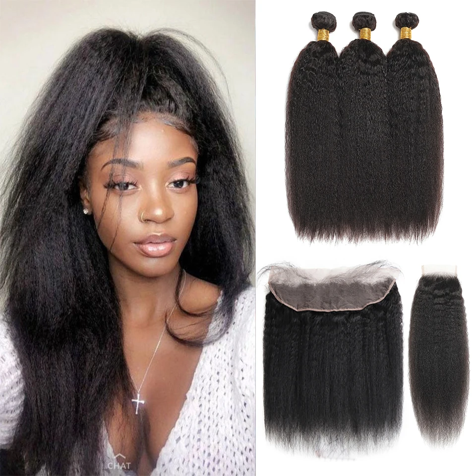 Brazilian Kinky Straight Hair Weaves Bundles With Frontal Ear To Ear