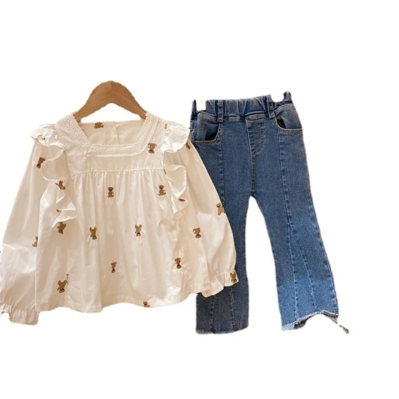 

Girls' Set 2023 Autumn Spring Stylish Little Bear Doll Embroidery Cute Cotton Ragged Edge Jeans Comfortable