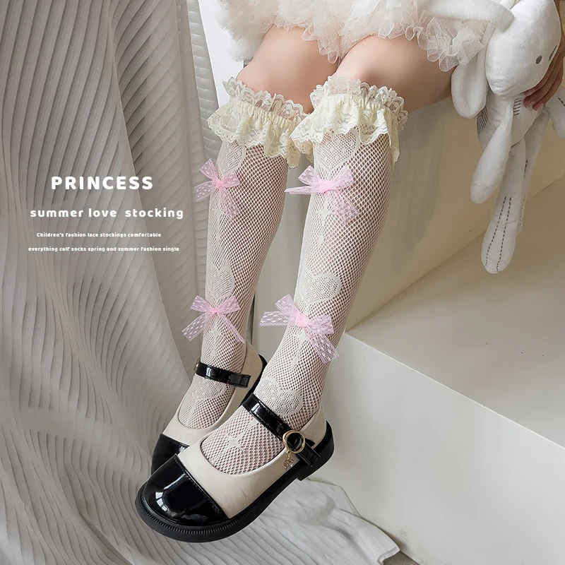 

Student Girls Cute Big Dot Bows Kawaii Stockings Hollow Out Princess Kids Long Lolita Socks Child Mesh Over The Knee High Socks