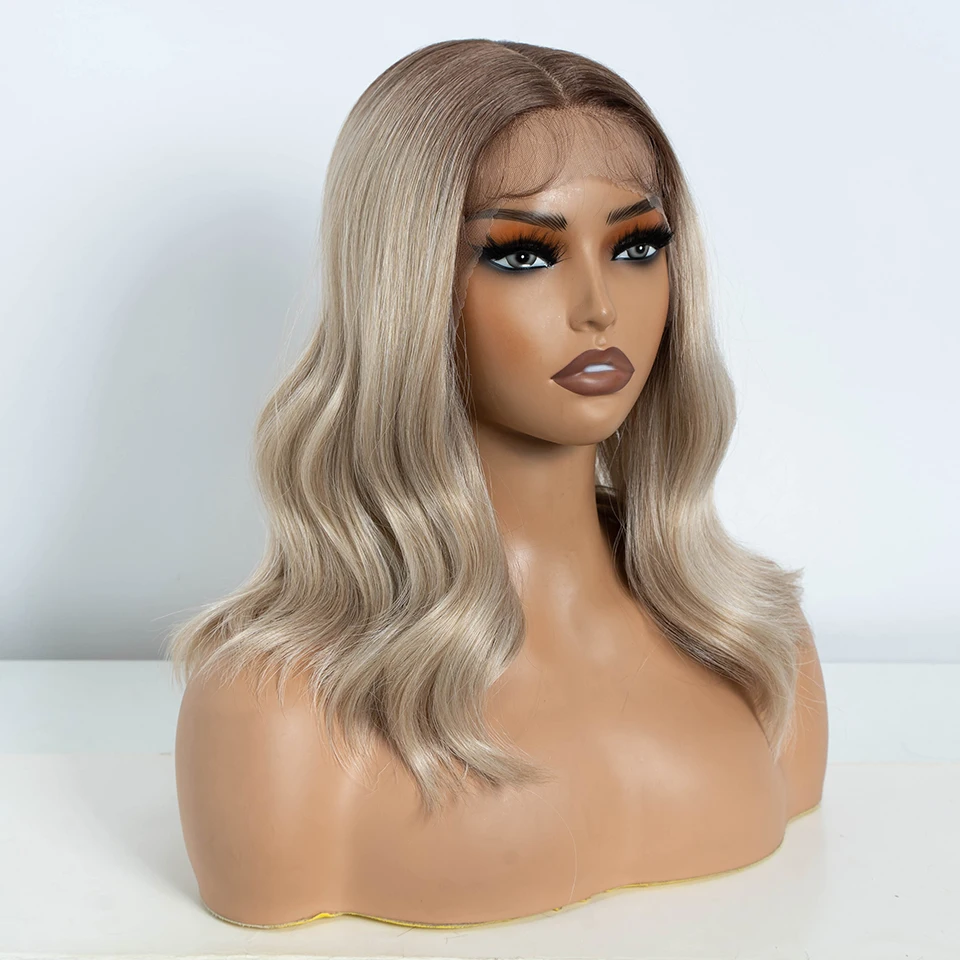 Synthetic Lace Front Wig for Women 14 Inch Body Wave Short Bob T Part Ombre Blonde Brown Cosplay synthetic wig