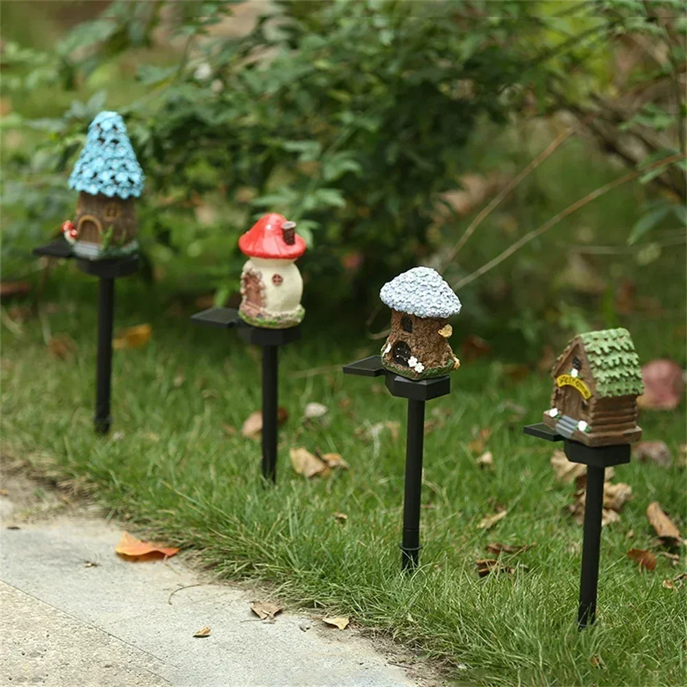 Solar Lights Solar Fairy Lights Garden Light Solar Decoration Light Resin Craft Miniature Fairy Mushroom House Solar Powered Garden Yard Outdoor Decor Lamps Christmas Lamp