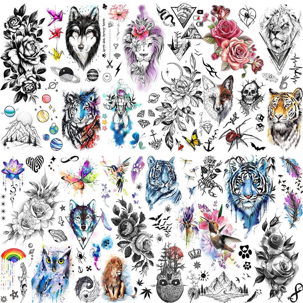 

Временные татуировки "сделай сам", акварельные, волк, Лев, для женщин и мужчин, реалистичные тигр, цветок, Сова, искусственная тату-наклейка, моющиеся татуировки для боди-арта