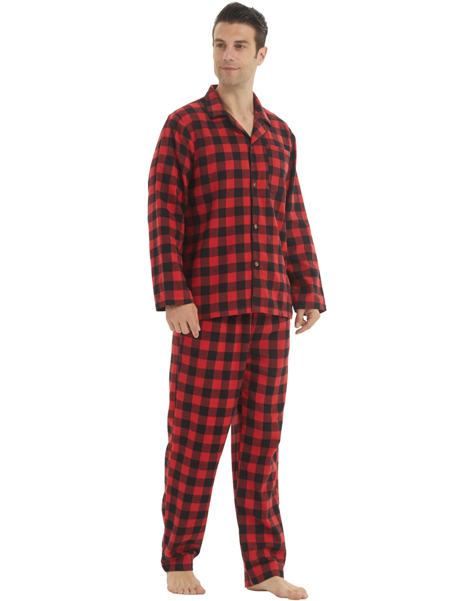 Mens Flannel Pajamas Set Cotton Plaid Pjs Button Down Warm Soft Lounge Sleepwear