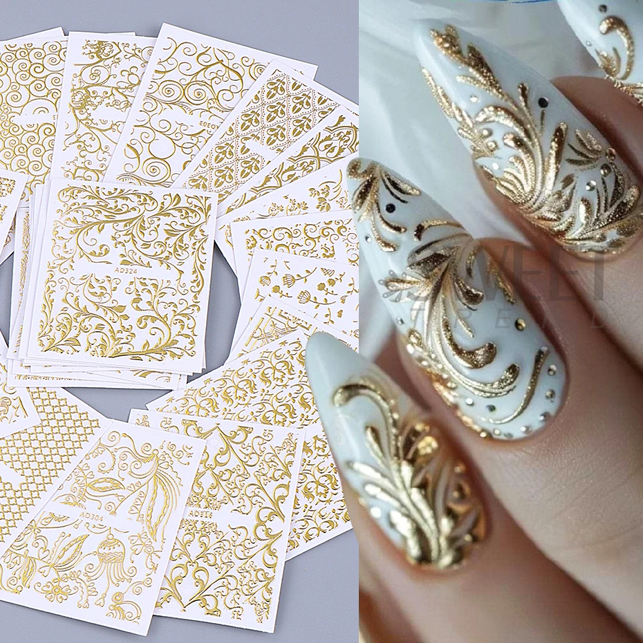 26pcs Metallic Lace Flowers Vine Nails Stickers 3D Retro Hollow Gold Silver Lace Line Self-Adhesive Nail Decals Manicure Decor