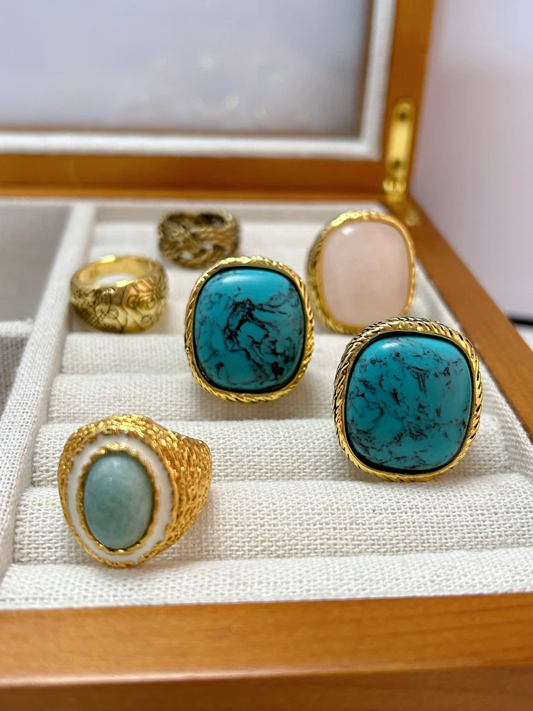 

Brass Retro Chunky Natural Stone Crystal Solid Rings Women Jewelry Punk Designer Club Cocktail Party Boho Japan Korean