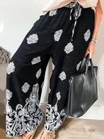 Plus size women's niche retro print wide-leg pants for women fashion loose drawstring design casual pants for women