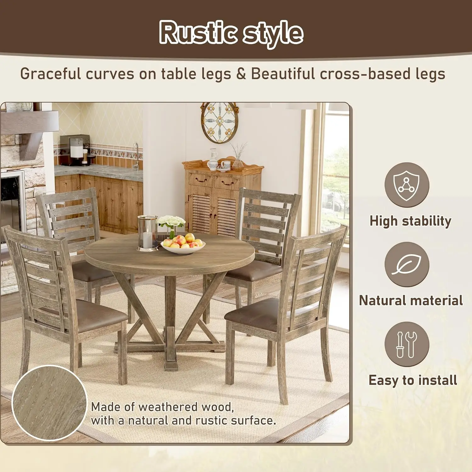 Description Picture 5 of itemDining Tables, 5 Piece Round Farmhouse Dinings Table Set, Rustic Solid Wood Kitchen Dinings Room Table, Dining Tables