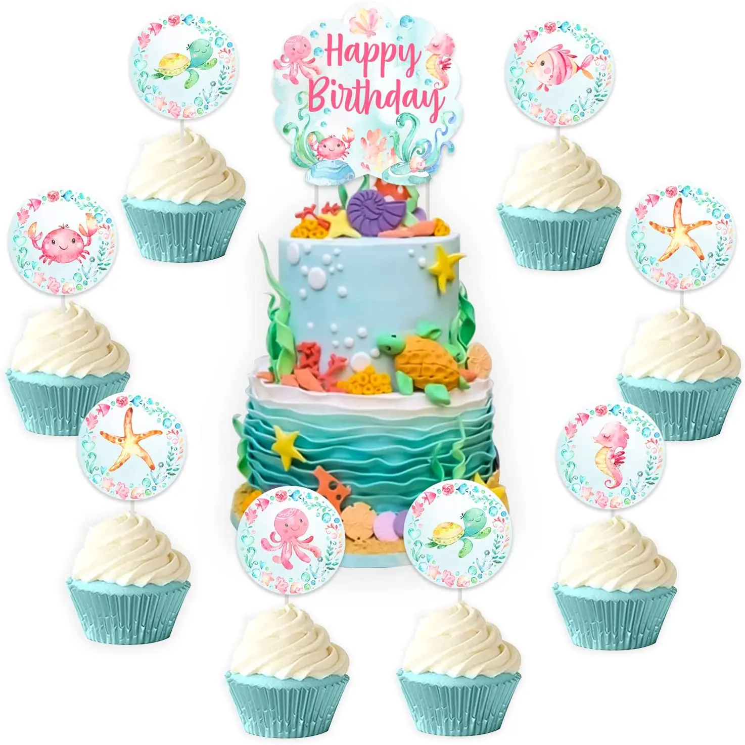 

Ocean Themed Birthday Party Decorations for Girls Happy Birthday Cake Topper Sea Animal Cupcake Toppers Birthday Party Supplies