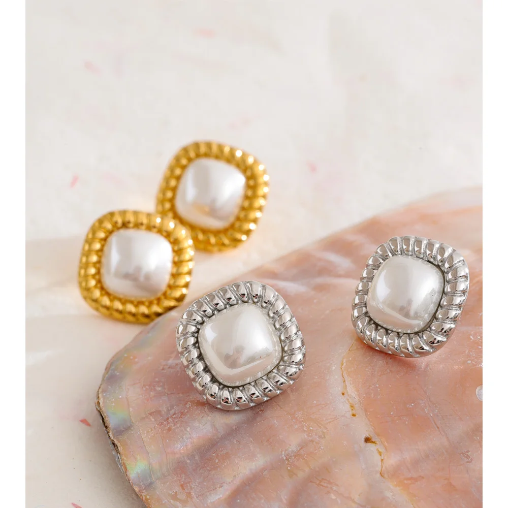 Yhpup Simulated Pearls Square Stud Earrings Stainless Steel