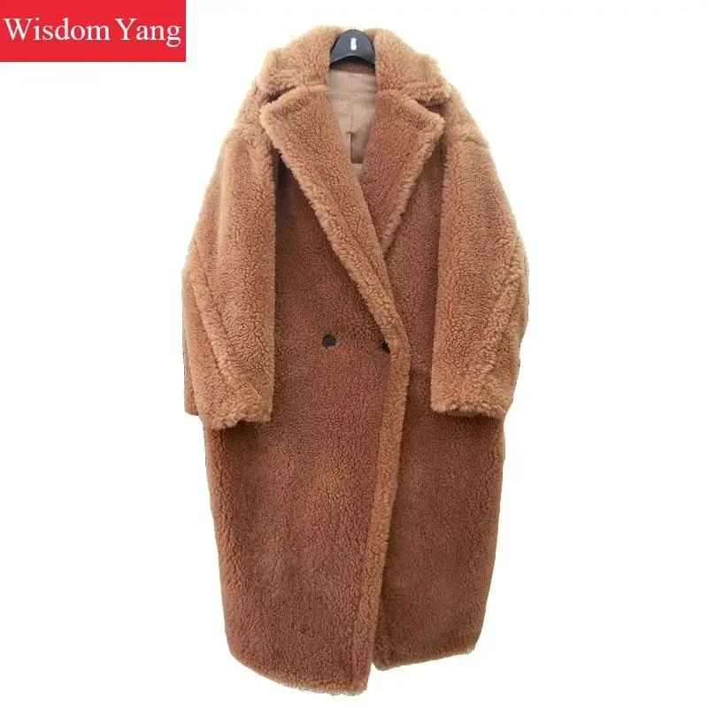 

Elegant Brown Fur Teddy Bear Womens Lambs Wool Coats Trench Woman Winter Warm 2018 Female long Woolen Overcoat Coat Outerwear